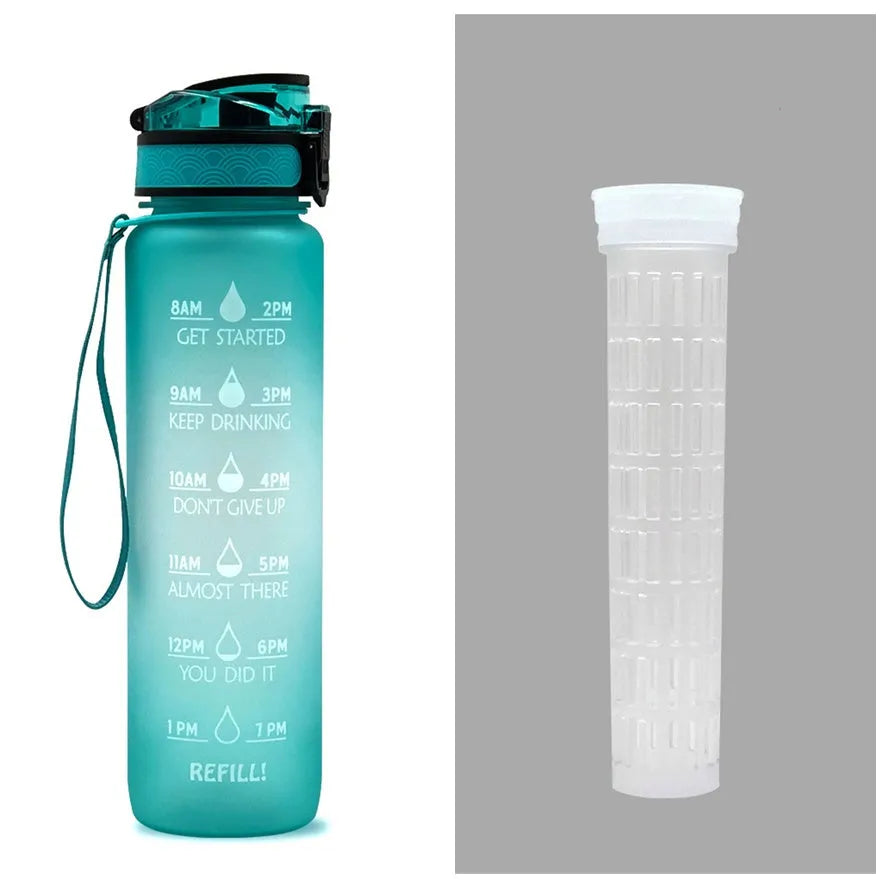 Blue and red gradient 1 litre Tritan sports water bottle with time markers and a flip-top lid.