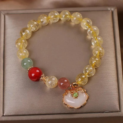 Women's natural citrine jade ruyi pendant bracelet with alloy construction and yellow hair crystal jade colour