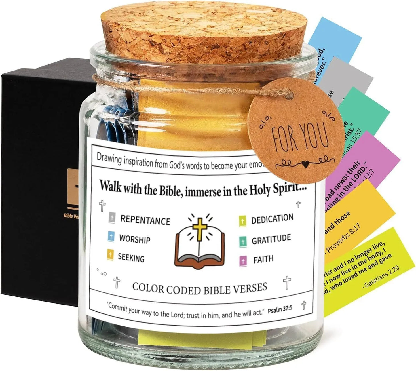 Glass Bible verses jar with cartoon design containing 90 rolled scripture papers in multiple colour options