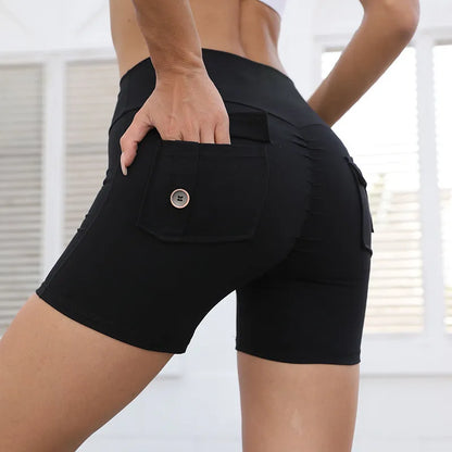 Women's high-waist quick-dry fitness shorts with side pockets in avocado green colour