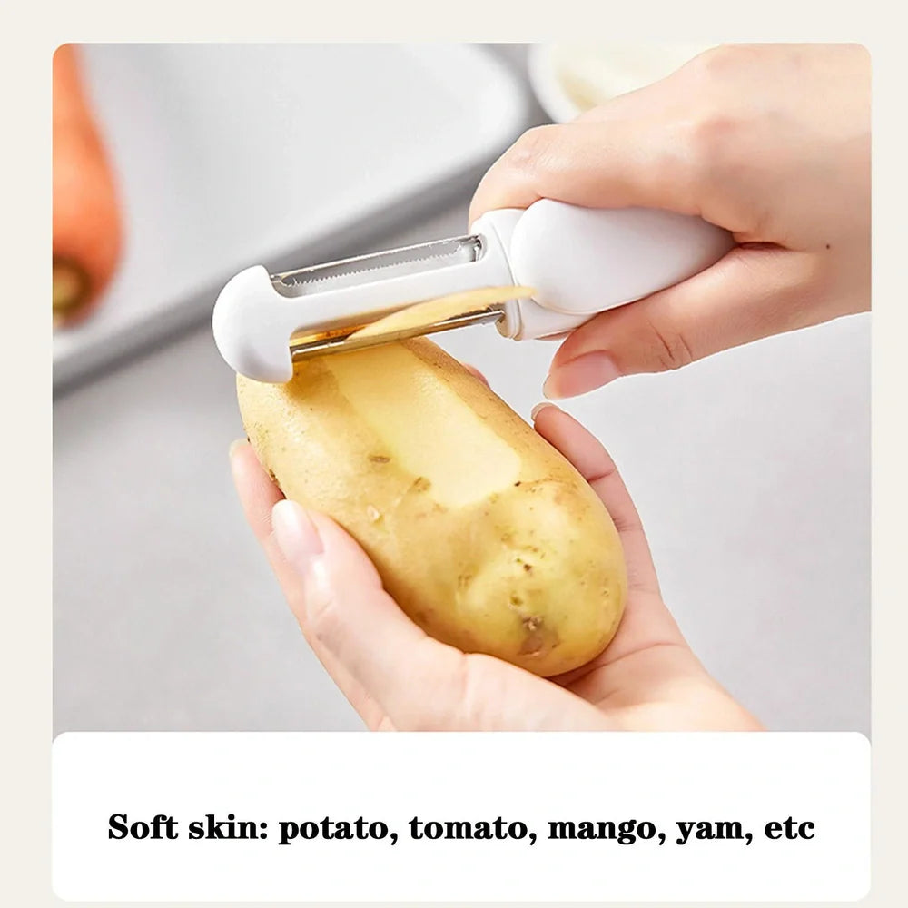 White 3-in-1 rotary paring knife with rotating blades and integrated sharpener for kitchen use