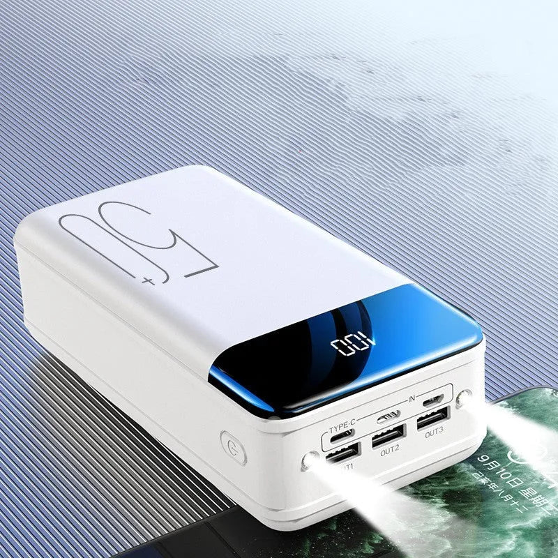 Black large capacity power bank with 50,000mAh, three output ports, and dimensions 169mm by 83mm by 52mm