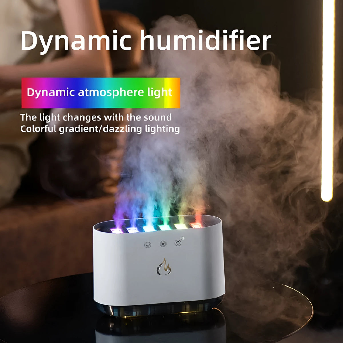 White Dynamic Pickup humidifier with atmosphere light and aromatherapy tray on a tabletop.