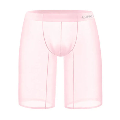 Men's black seamless nylon mesh lounge shorts on a hanger, showing hip-lift design and knitted texture.