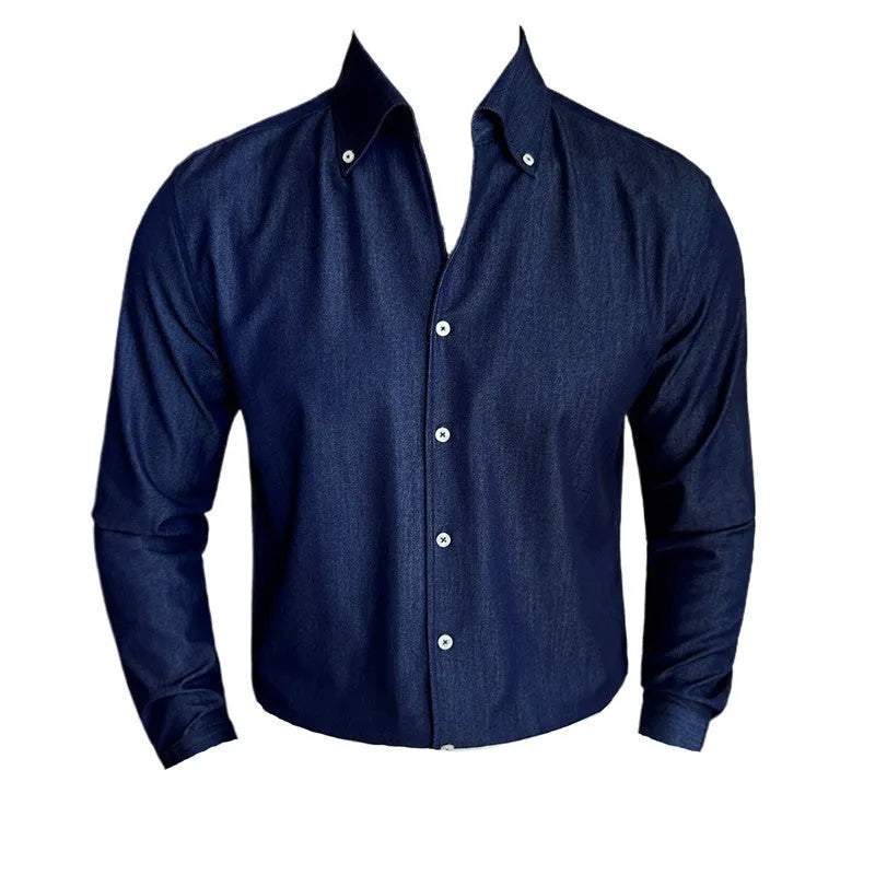 Men's slim fit long-sleeved denim shirt in black, shown on a model.