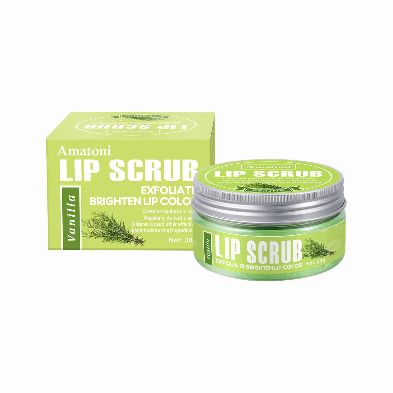 Amatoni 30g pot of fruit flavour lip scrub cream in coconut, raspberry, vanilla, or watermelon