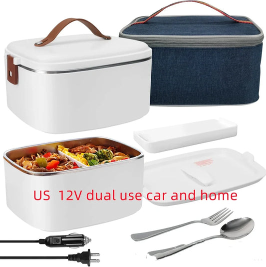 White car mounted stainless steel lunch box, 230x165x120mm, with 1.6-2.0L capacity and 70W heating cords