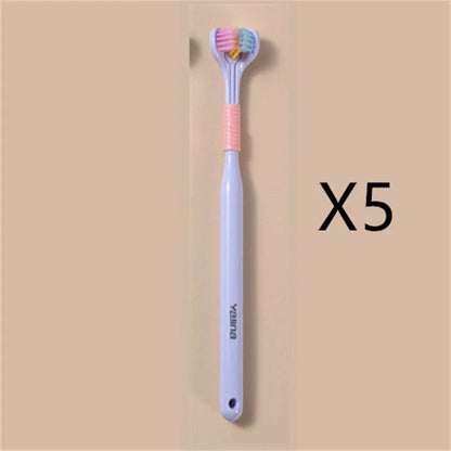 A soft bristle toothbrush with a unique triple-sided brush head for deep cleaning and customizable bristle firmness.