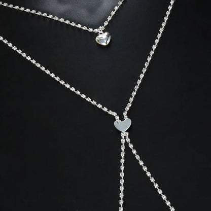 Gold or silver electroplated heart-shaped body chain with rhinestone and stone decoration for women