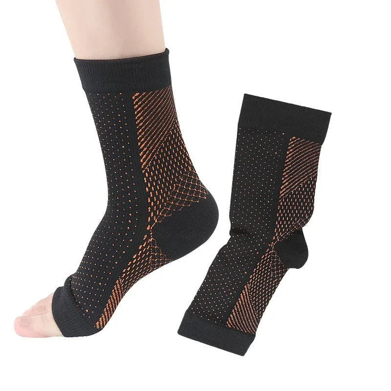Korean-style sports compression socks in black, white, skin colour, and copper colours with short tube design