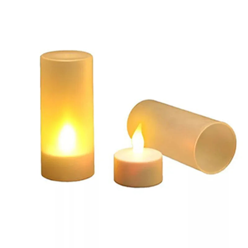 White plastic USB rechargeable LED candle with yellow flashing light mode, measuring 5.5cm tall