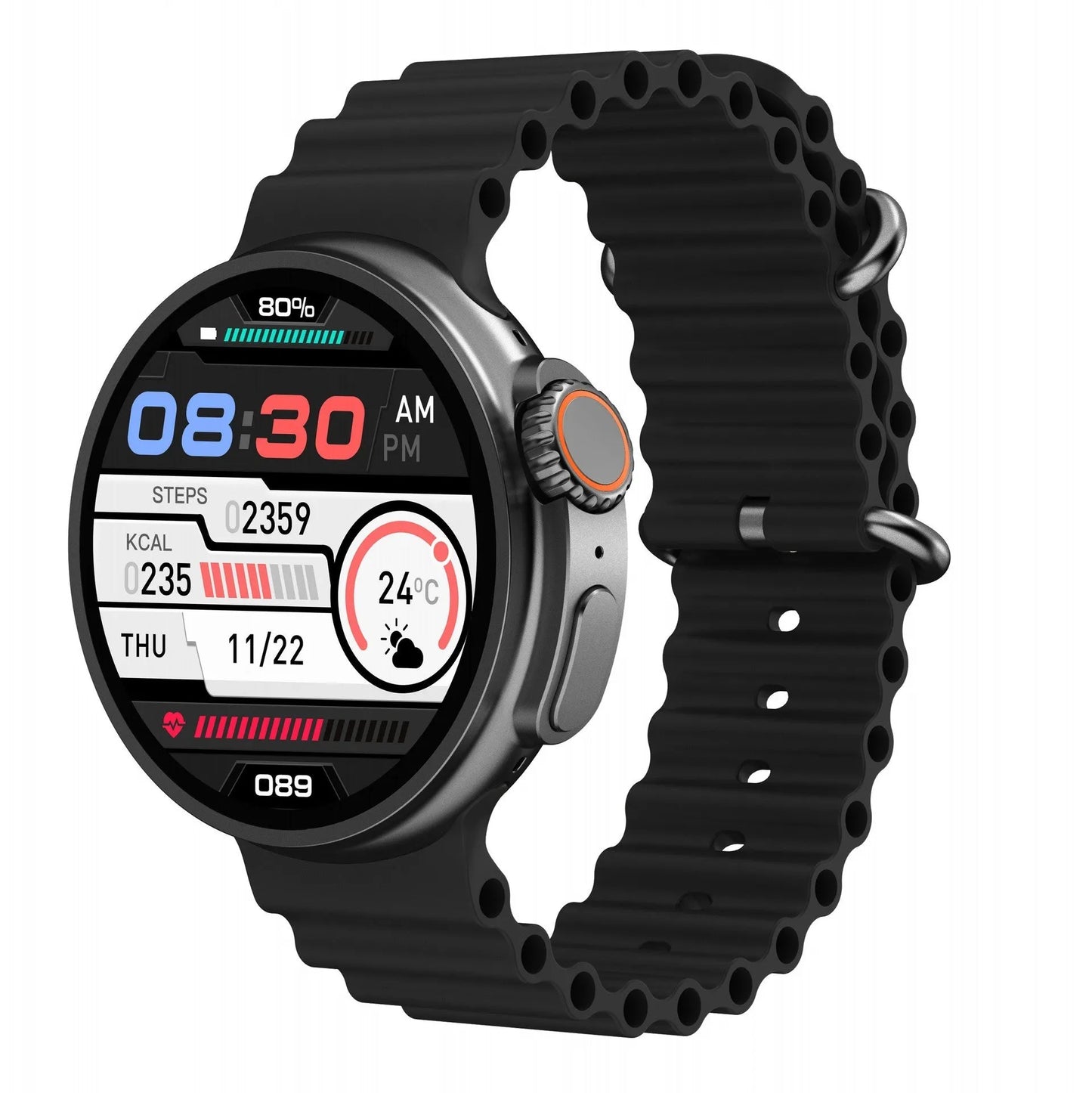 Black K9 smart watch with round screen and silicone strap on wrist