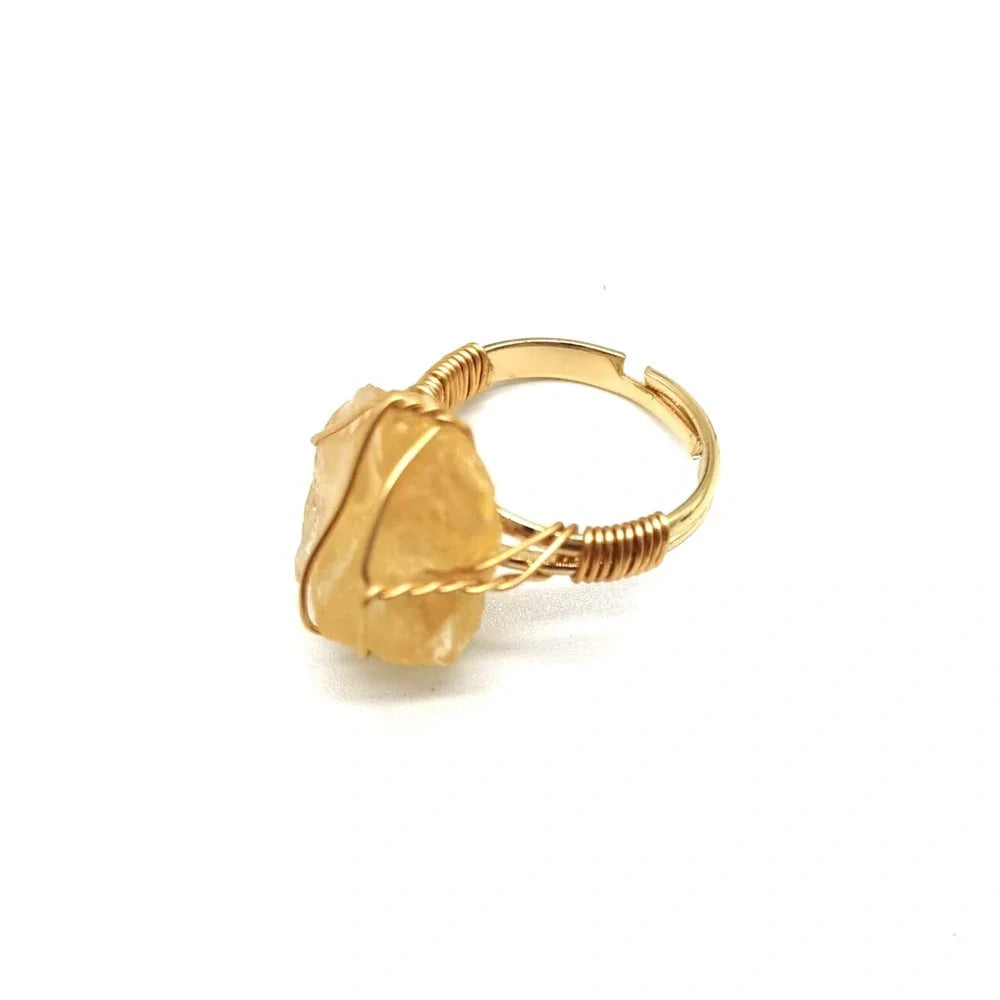 Adjustable hand-wrapped rough stone agate ring in various colours with ethnic design