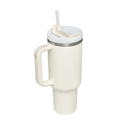 40oz stainless steel tumbler with handle and straw in various colour options showing tapered shape and spill-proof lid