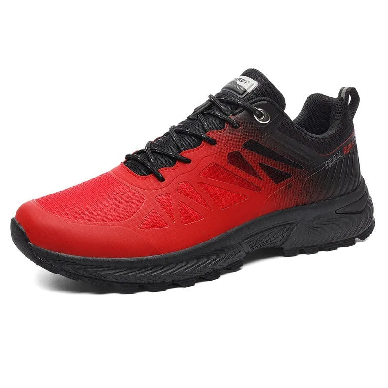 Men's black outdoor running shoes with mesh surface and lace-up closure on neutral background