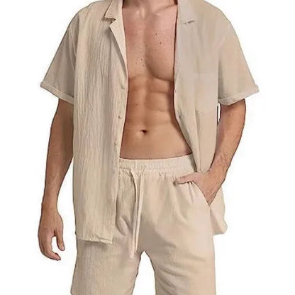 Men's flax summer sports short-sleeved top and shorts suit in army green colour