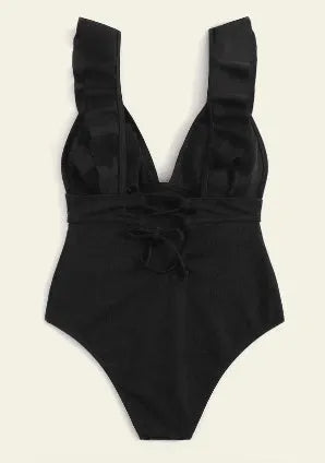 Women's black one-piece swimsuit with ruffled shoulder straps and lace back detail.