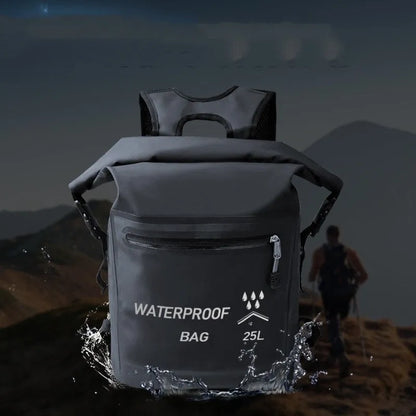 Black 25 litre waterproof backpack for outdoor water activities including swimming and rafting