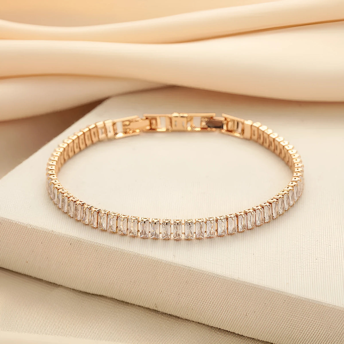 Women's rectangular geometric brass bracelet with full diamond zircon inlay in champagne gold colour