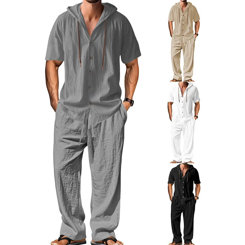 Men's white cotton sports leisure suit with long sleeves and matching trousers shown as complete two-piece set