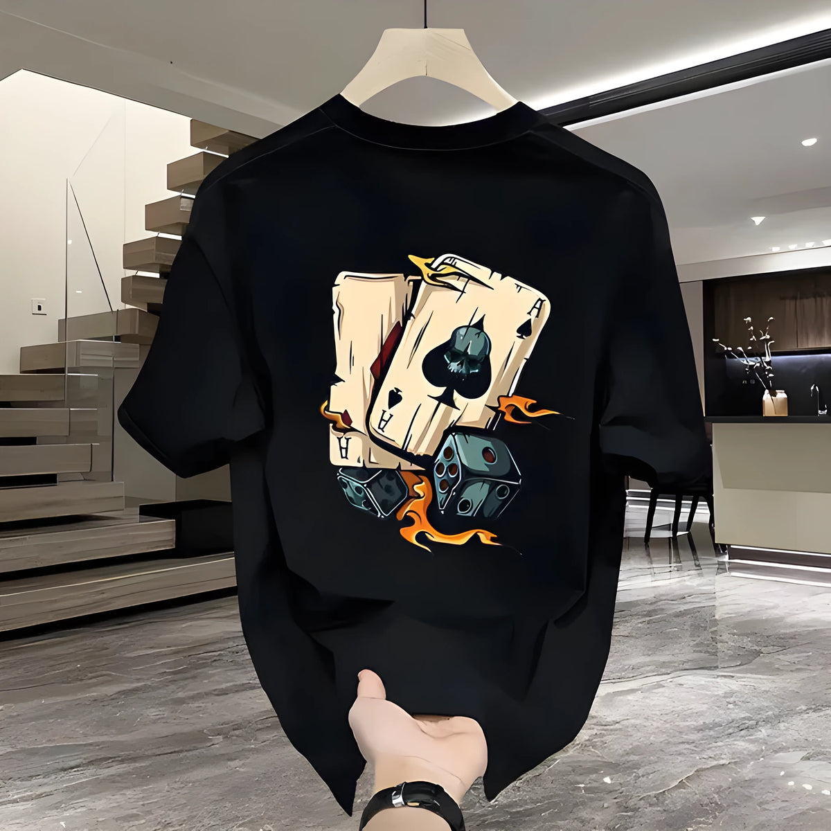 Men's printed heavy cotton T-shirt in black or white with short sleeves