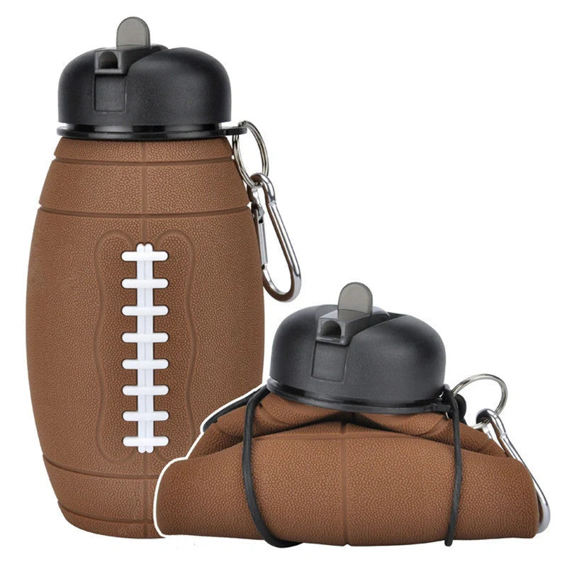 Brown rugby ball-shaped collapsible water bottle with leak-proof seal and non-slip grip