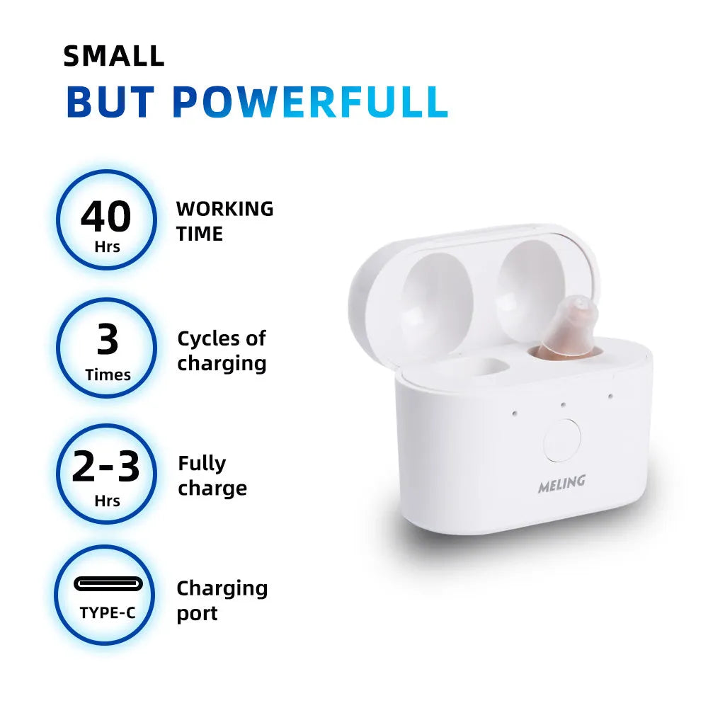 Rechargeable hearing aids with magnetic charging case in beige and red/blue colour options