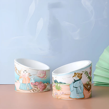 Chinese style ceramic cat bowl with high legs and double compartments