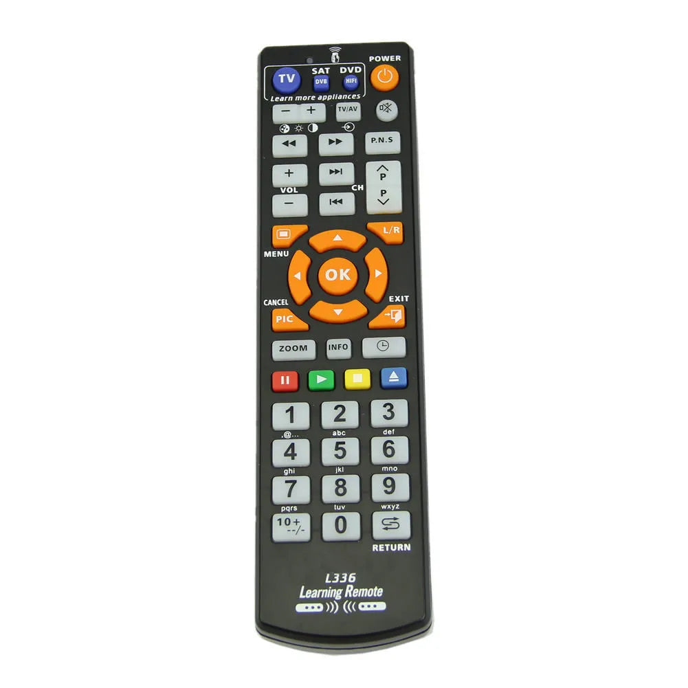 Black L336 full-key universal learning remote control on a white background.