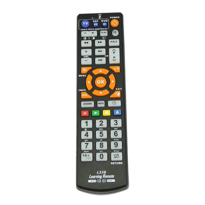 Black L336 full-key universal learning remote control on a white background.