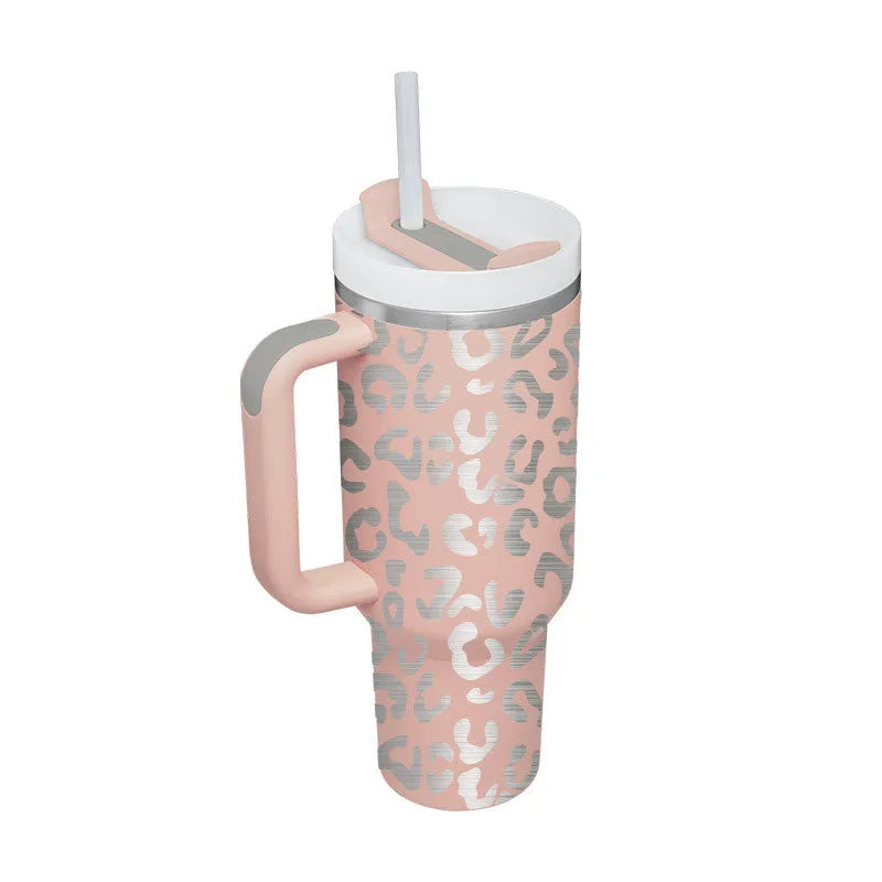 40oz stainless steel tumbler with handle and straw in various colour options showing tapered shape and spill-proof lid