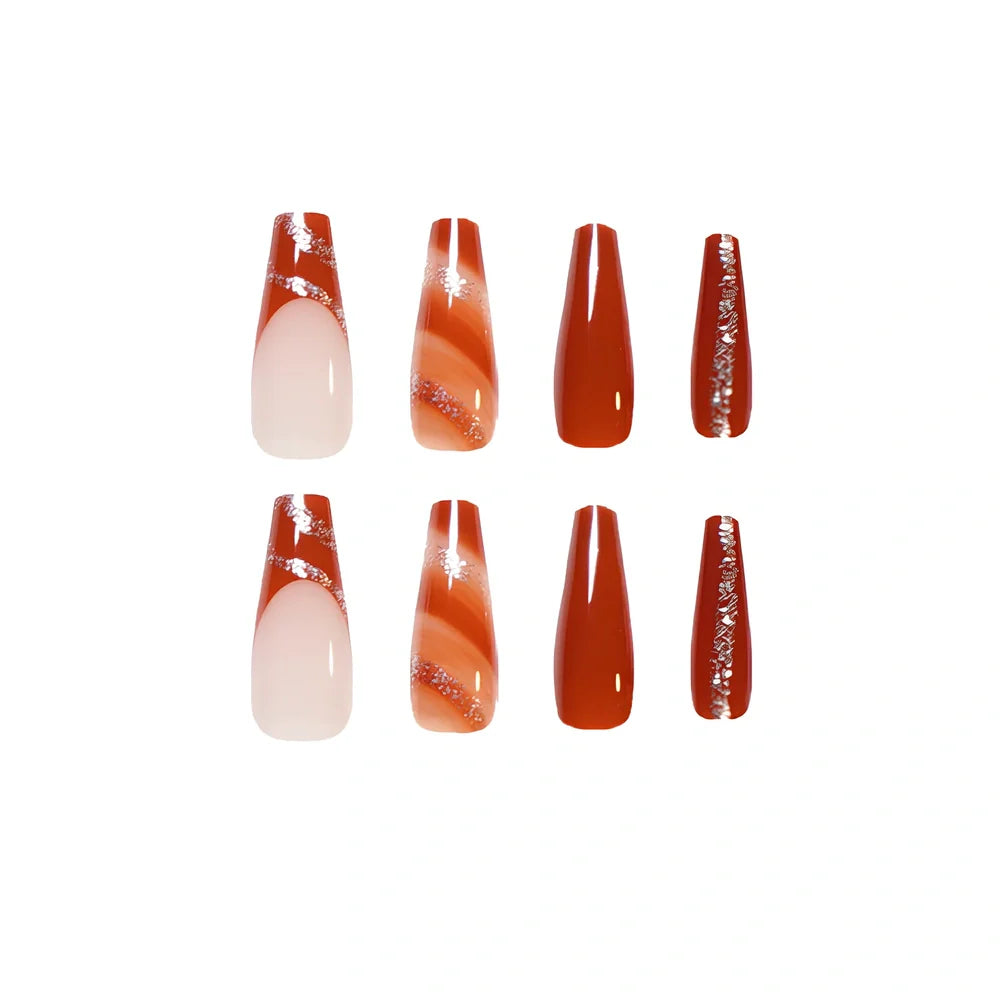 24-piece maple leaf red press-on nail tips in JP1446, long French style, 18g box for easy manicure