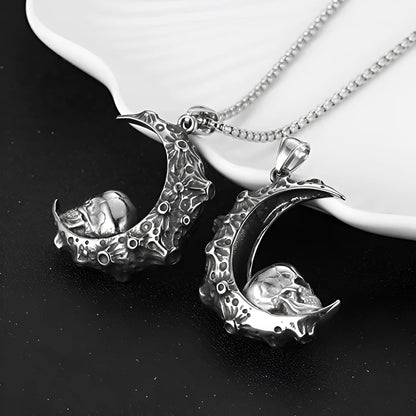 Men's silver electroplated skull necklace with stainless steel chain and alloy pendant showing six design options