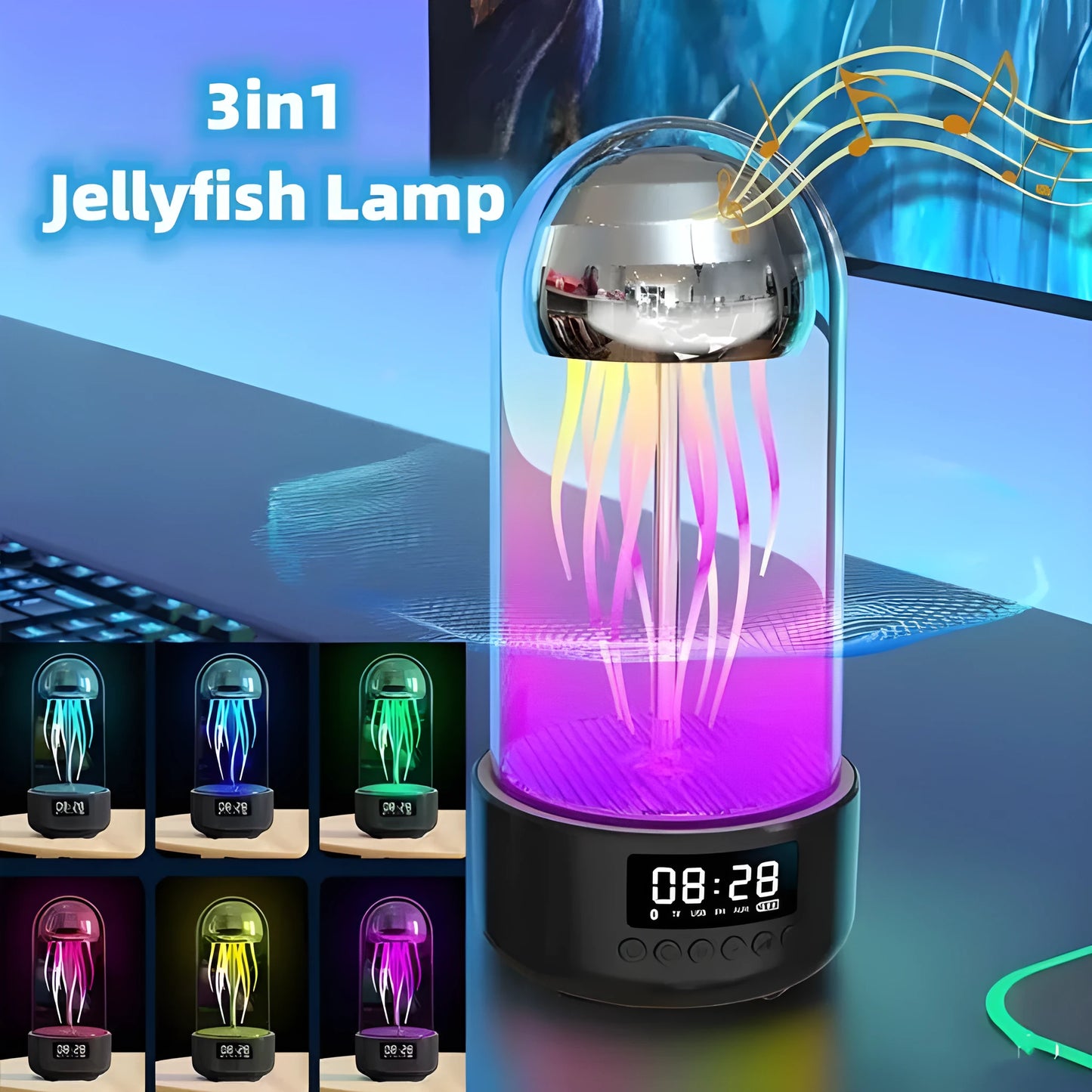Colourful jellyfish-themed Bluetooth speaker with LED clock display showing time and battery level
