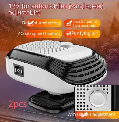 Compact white car heater with ventilation grilles measuring 5x11x13cm for 12V and 24V vehicle installation