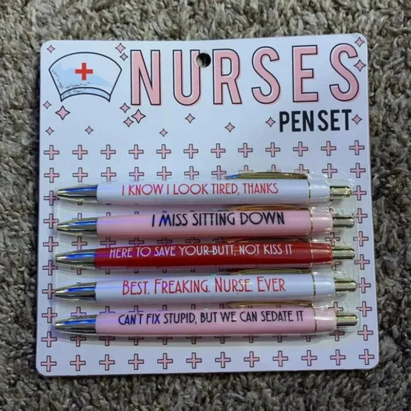Nurse themed ballpoint pen set of 5 retractable ballpoint pens, nurse gift novelty writing pens with themed nurse copywriting designs, plastic construction 14 cm long each pen, ideal for nurses, medical students, or as a humorous workplace gift.