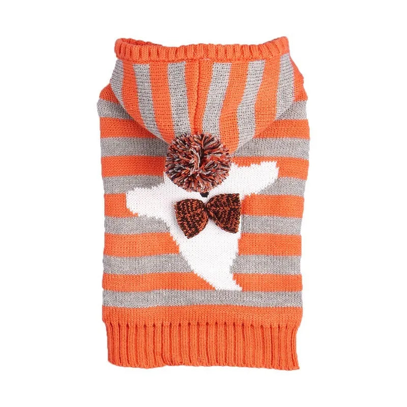 Orange knitted pet sweater with striped fur ball decoration and hood for small dog or cat.