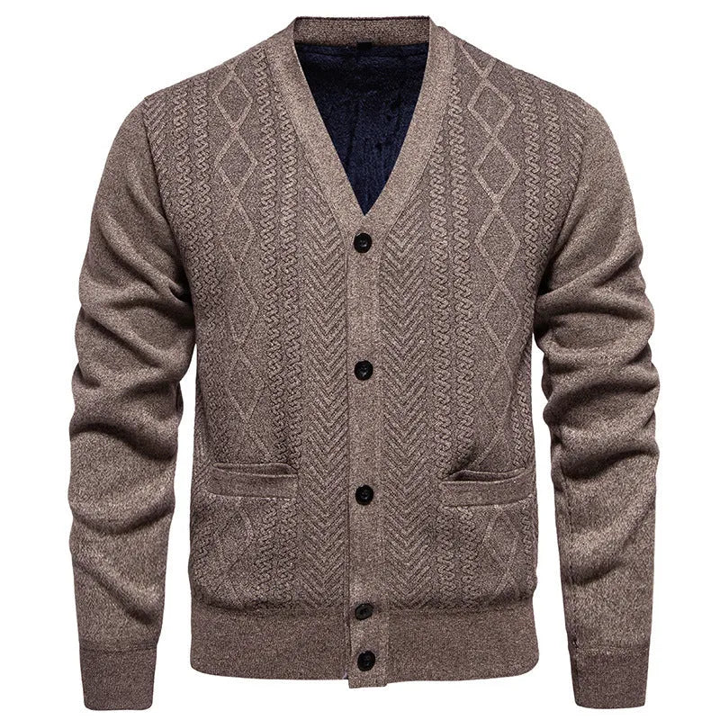 Man wearing a brown striped wool-lined cardigan sweater, showing the open front and long sleeves.