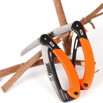 A folded and an open view of a 230mm garden folding saw with a black TPR grip and a steel blade.