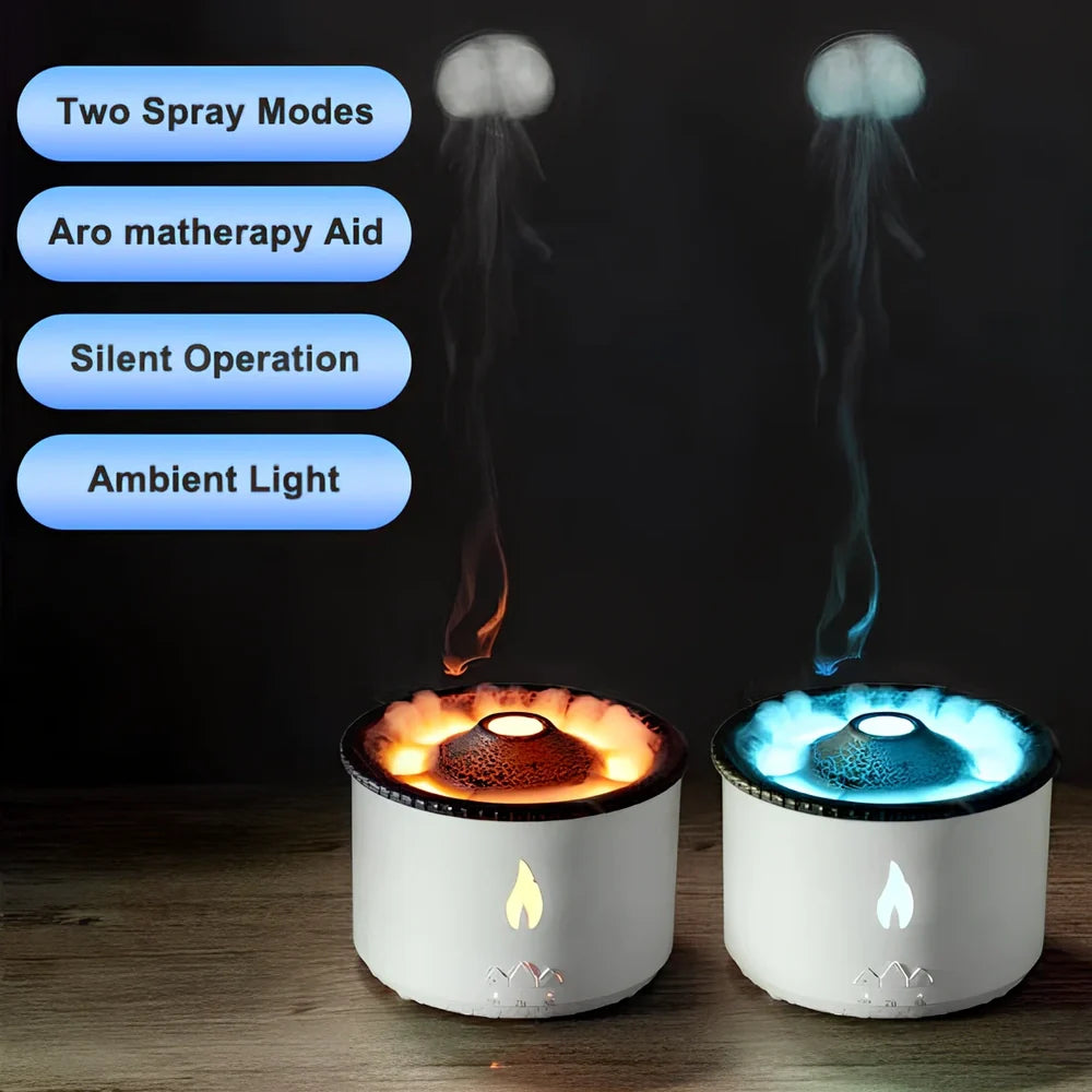 Black columnar ultrasonic humidifier with volcano flame effect and jellyfish smoke rings emerging from mist
