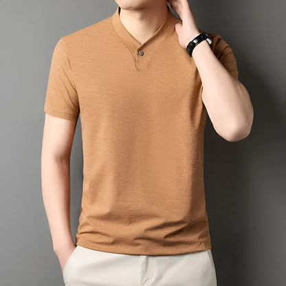 Men's short sleeve t-shirt with front zipper high-collar in polyester blend fabric