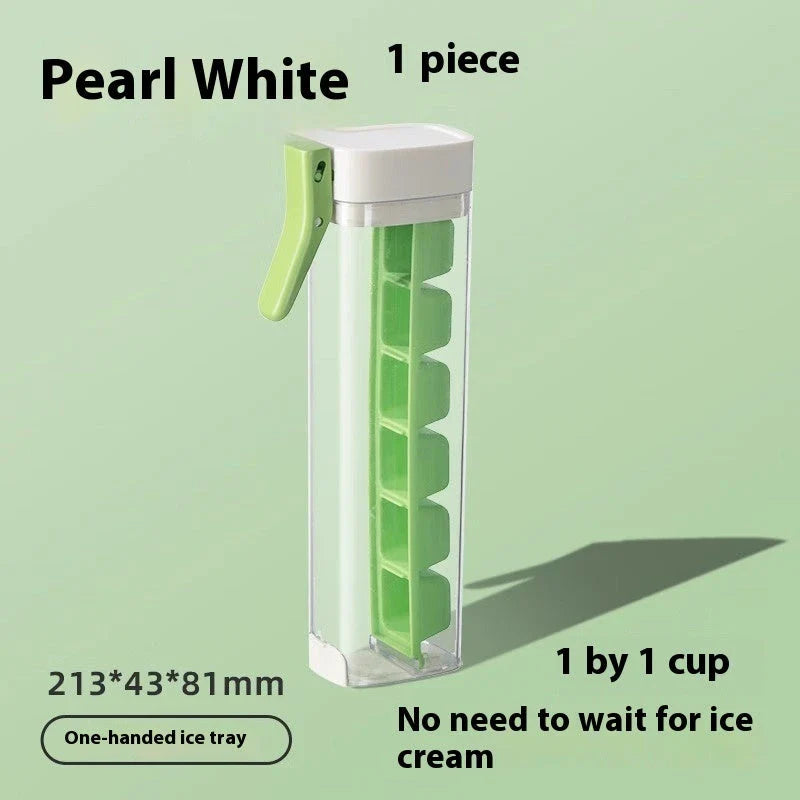 Premium one-touch ice cube tray in Maldives color and pearl white, with features like food-grade materials, easy ice cube release, and convenient storage box