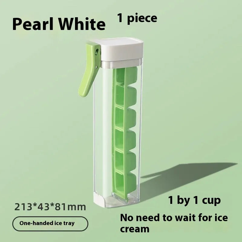 Food-grade PET press-release ice cube mould with storage box in Maldives blue and pearl white.