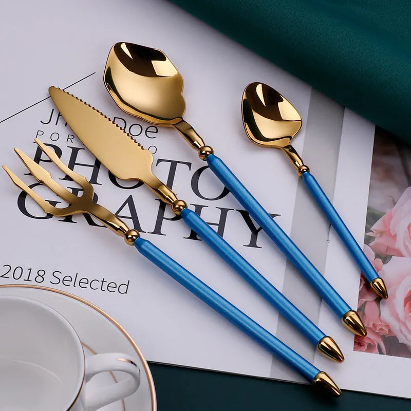 Stainless steel knife, fork, and two spoons set in a choice of seven metallic colour finishes.
