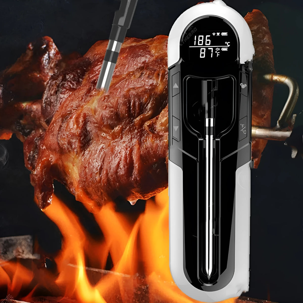 Bluetooth BBQ thermometer in grey, blue or orange, 175 x 49 x 20mm, with app control and magnet design