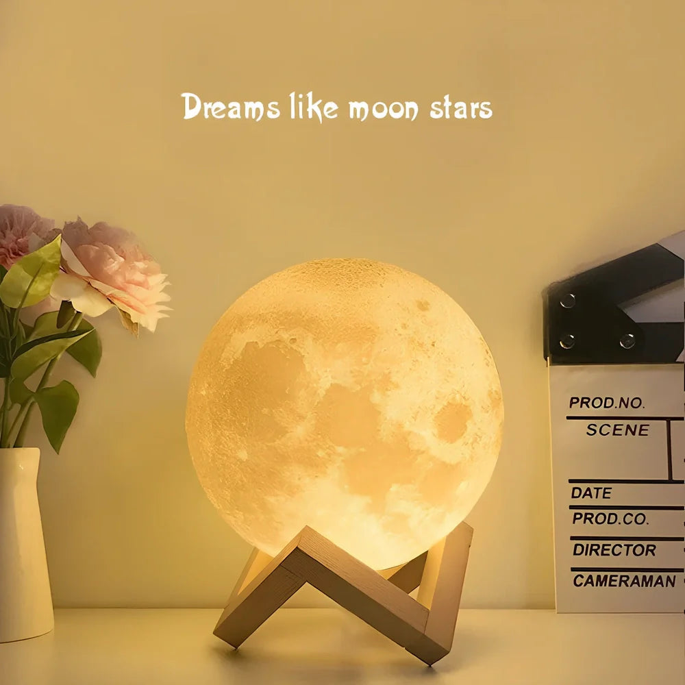 3D printed moon night table lamp on wooden holder, remote showing 16-colour options, 15cm size for bedside use