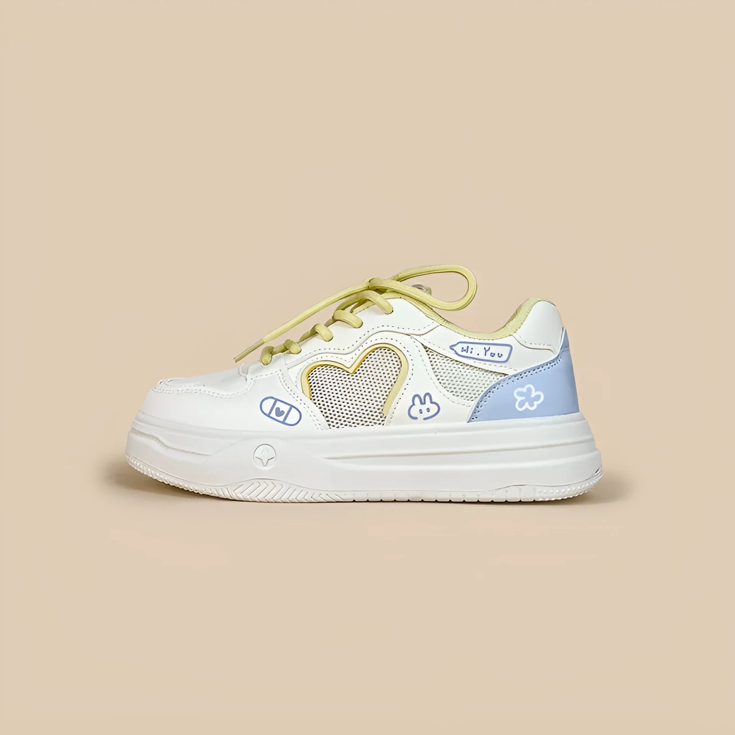 Korean-style mesh sneakers in Meow Rabbit Sea Salt Cheese colour with cross straps