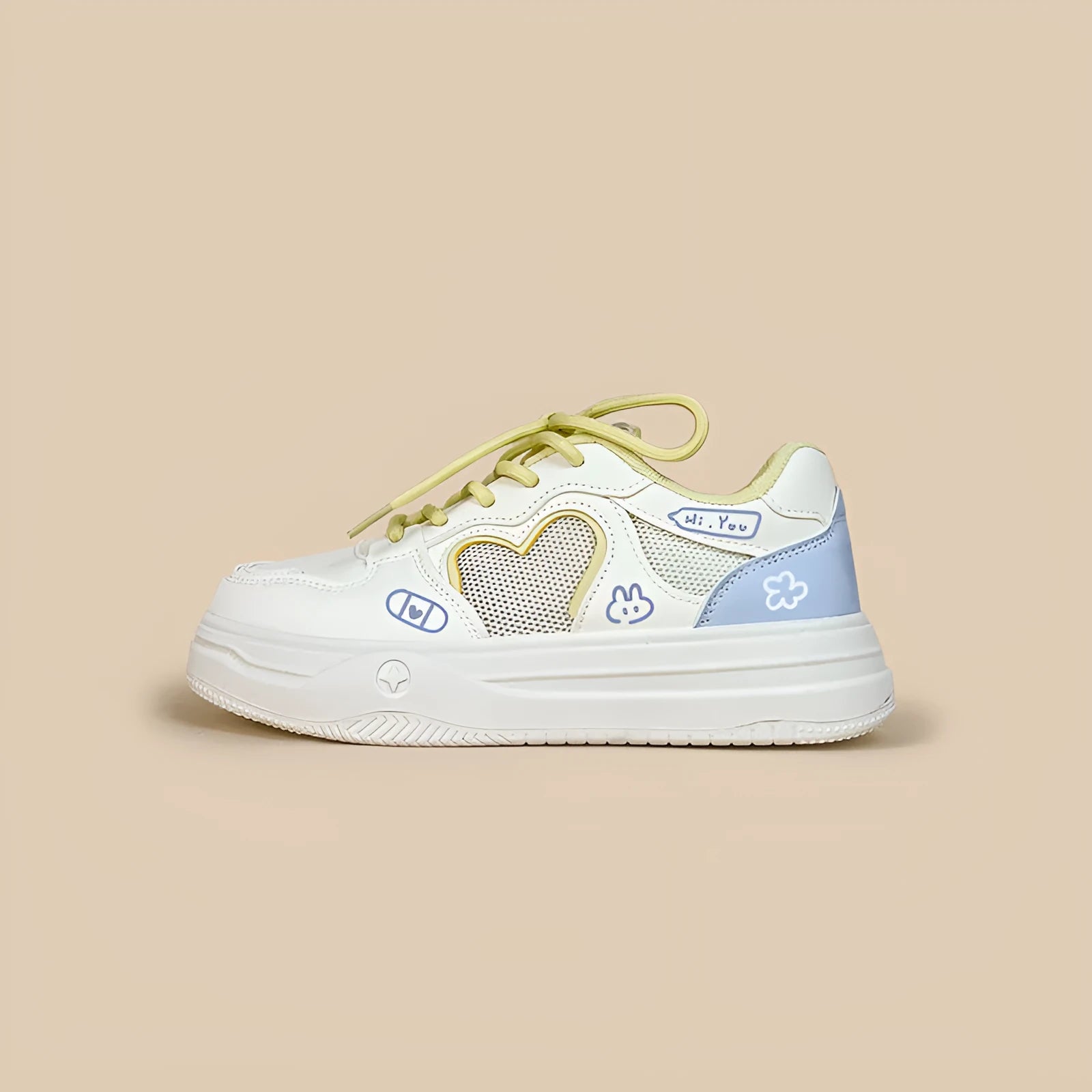 Korean-style mesh sneakers in Meow Rabbit Sea Salt Cheese colour with cross straps