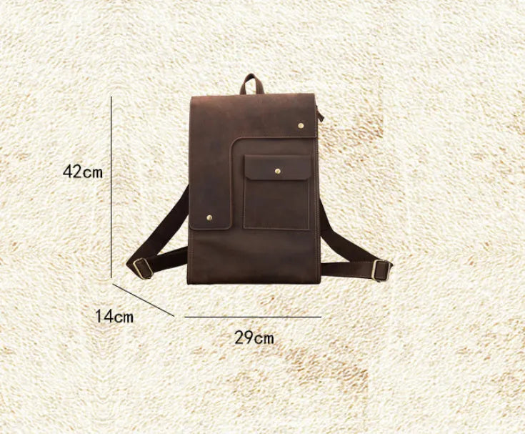 Dark brown genuine leather men's travel bag with vertical square design and double shoulder straps