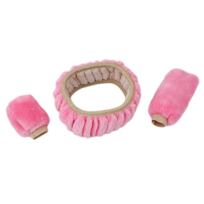 Plush winter steering wheel cover set with gear shift and handle covers in six colour options